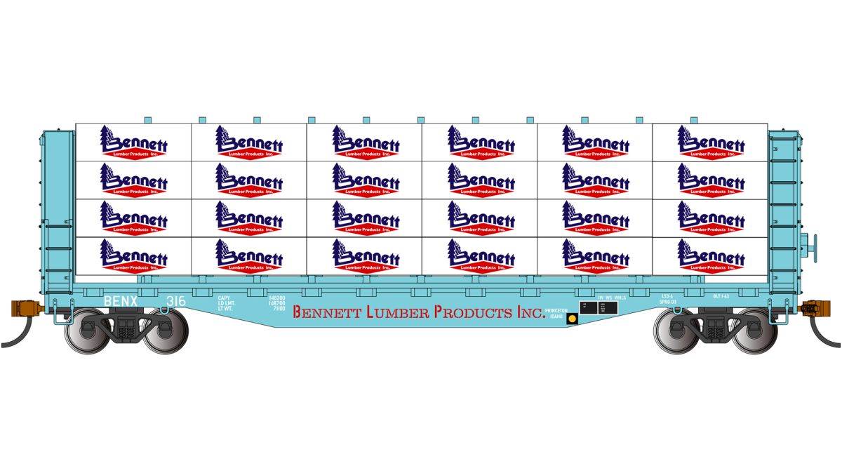 HO 52' Center-Beam Flatcar w/Bulkheads Bennett Lumber Produc