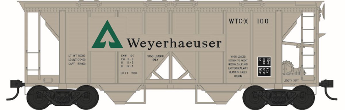HO 70 Ton 2 Bay Covered Hopper Weyerhaeuser Road #100