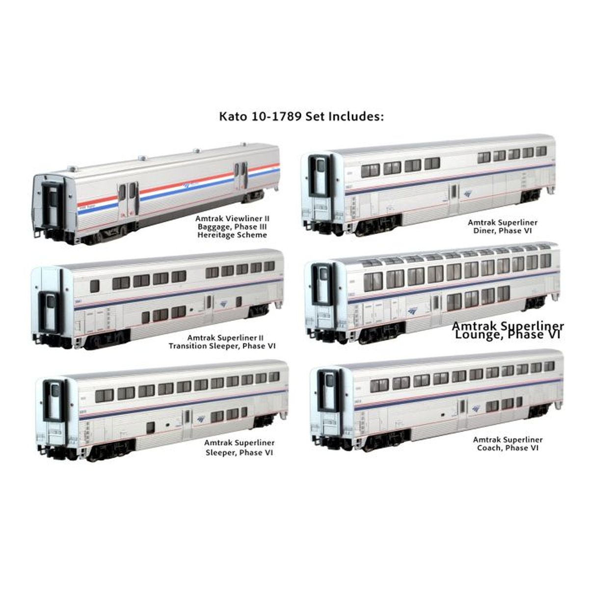 N Amtrak PhVI Superliner 6-Car Bookcase Set w/Interior Light