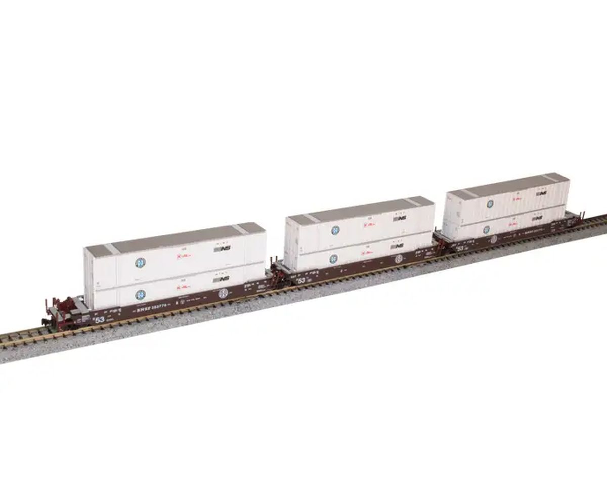N MAXI-IV 53' Stack Car 3pk BNSF w/HUB Containers (white)