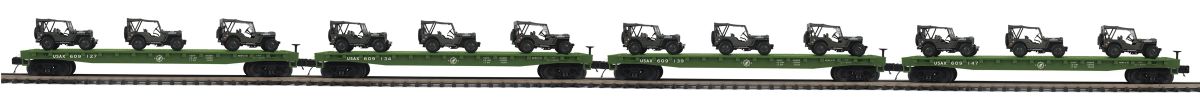 O US Army Flatcar 4pk w/(3) Willys Jeeps/Olive