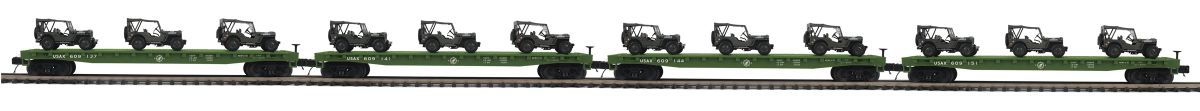 O US Army Flatcar 4pk w/(3) Willys Jeeps/Olive