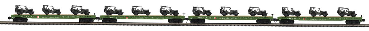 O US ArmyFlatcar 4pk w/(3) MASH Jeeps