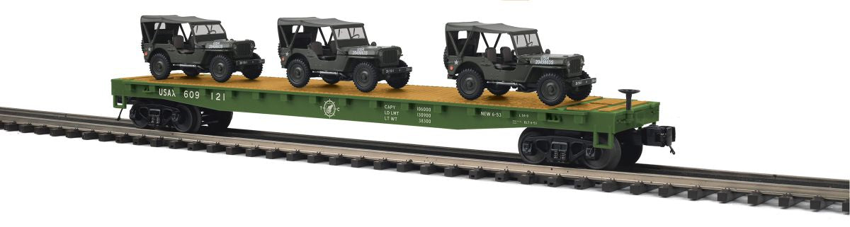 O US Army Flatcar w/(3) Willys Jeeps/Olive