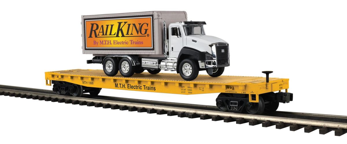 O PR Flat Car w/RailKing Logo Box Truck