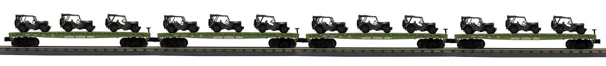 O US Army Flatcar 4pk w/(3) Willys Jeeps/Olive
