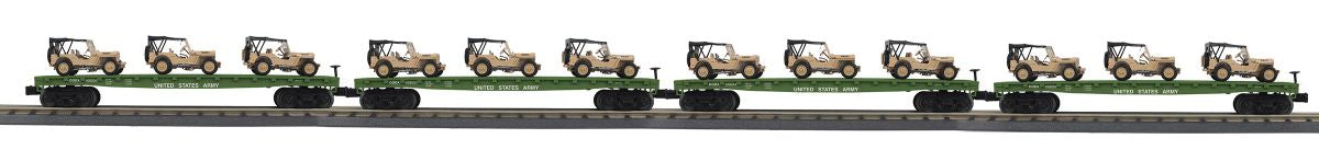 O US Army Flatcar 4pk w/(3) Willys Jeeps/Desert