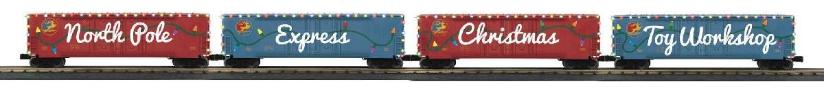 O North Pole 4-Car 50 Double Door Box Car Set w/LED lights