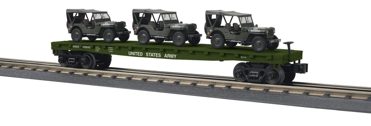 O US Army Flatcar w/(3) Willys Jeeps/Olive