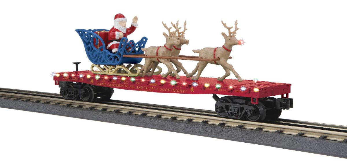 O North Pole Flatcar w/Lights Santa Sleigh & Reindeer/maroon