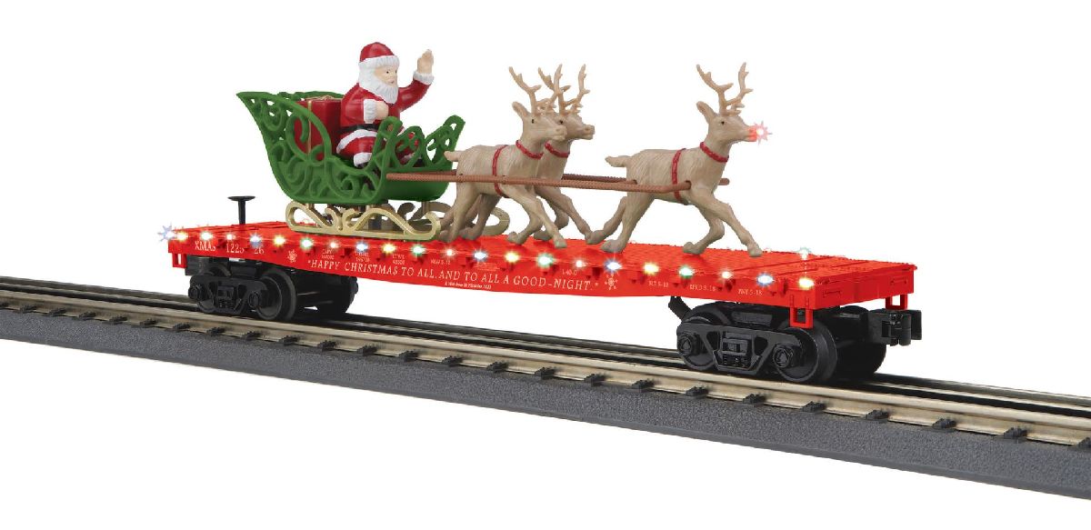 O Christmas Flat Car w/LED  Santa Sleigh & Reindeer  Red