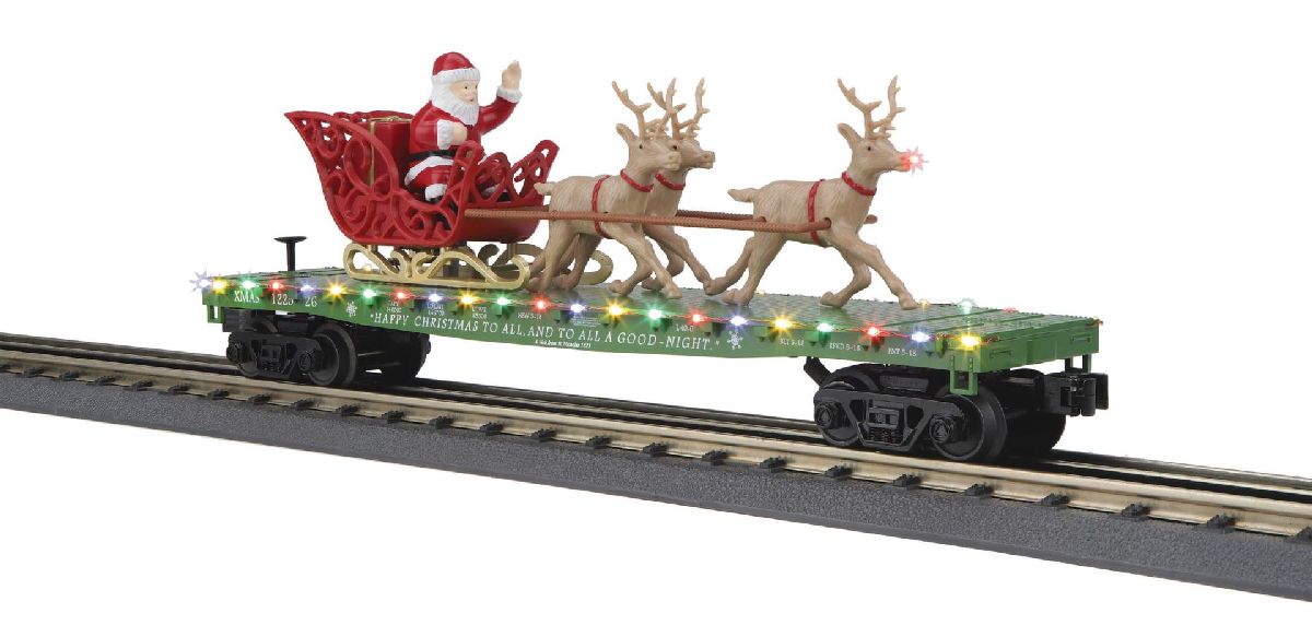 O Christmas Flat Car w/LED  Santa Sleigh & Reindeer  Green