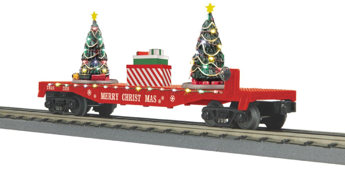 O Christmas Flat Car w/LED  Lighted Christmas Trees  Red