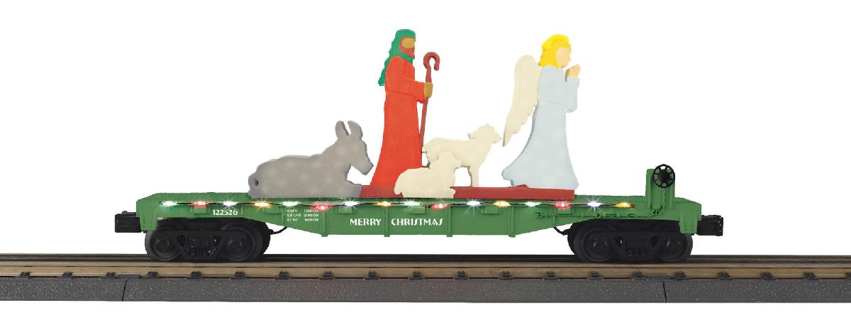 O Christmas Flat Car w/Lighted Shepherd Scene
