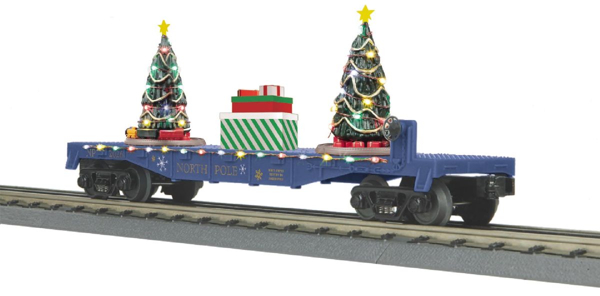 O North Pole Flat Car w/Lighted Christmas Trees  Blue