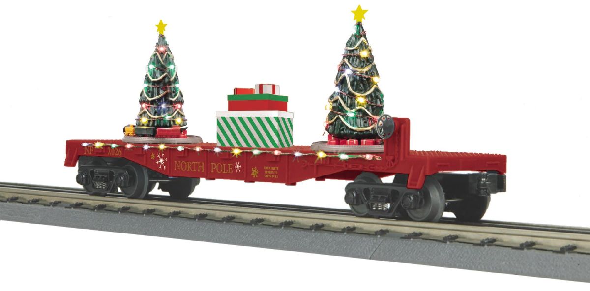 O North Pole Flat Car w/Lighted Christmas Trees  Maroon