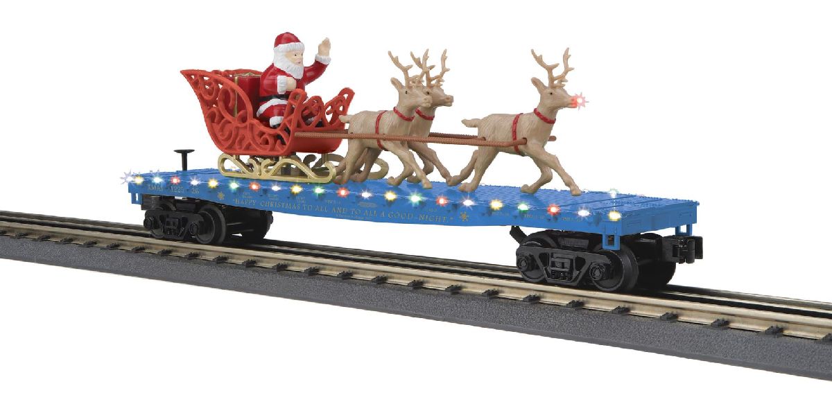 O North Pole Flat Car w/LED Lights and Santa Sleigh & Reinde