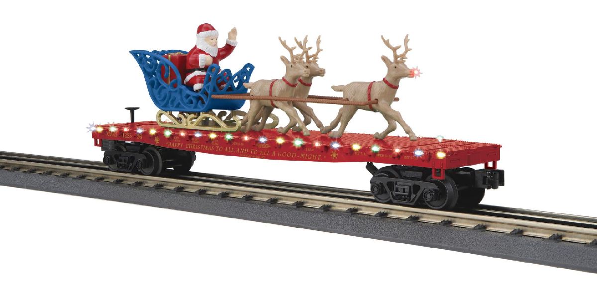 O North Pole Flat Car w/LED Lights and Santa Sleigh & Reinde